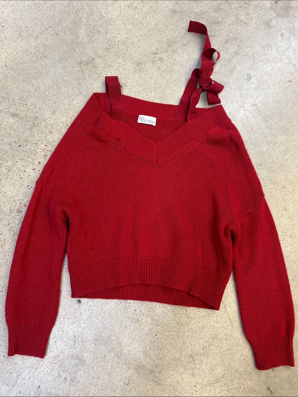 RED Valentino Bright Red V-Neck Bow Strap Sweater